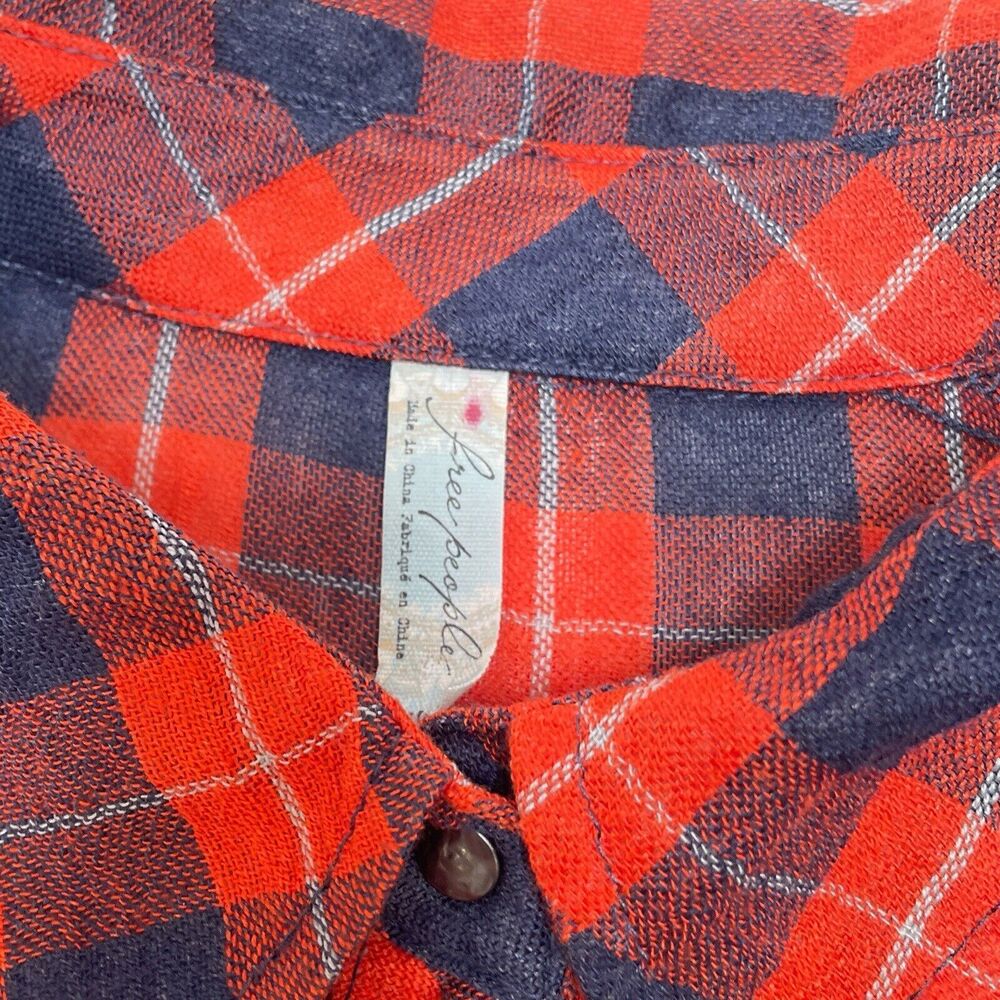 Free People Top Medium Orange Blue Plaid Snap‎ Button Front Relaxed Sheer Hi Low - Picture 5 of 10